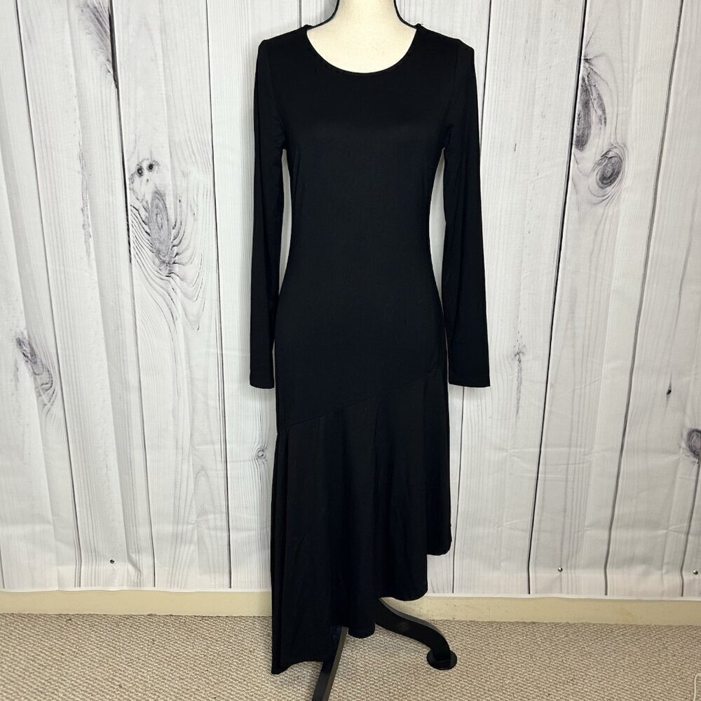 Fifteen Twenty Black Knit Midi Asymmetrical Hem Dress Long Sleeve Sz M